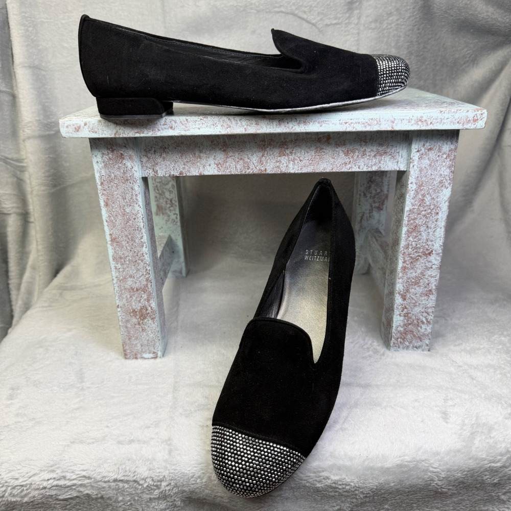 Stuart Weitzman Loafers Womens 9.5 Black Suede Rhinestone Cap Toe Flats OW35556